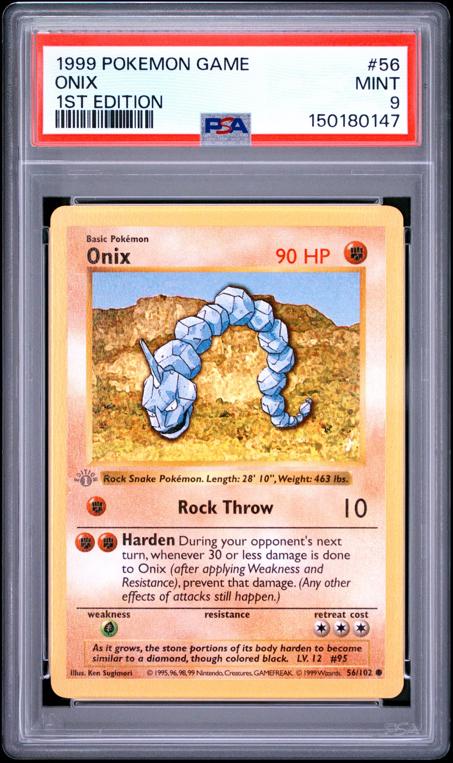 Onix 1st Edition PSA 9 1999 Pokemon Base Set Shadowless #56 GREY STAMP