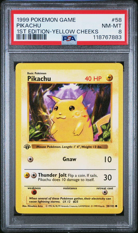 Pikachu 1st Edition Yellow Cheeks PSA 8 1999 Pokemon Base Set Shadowless #58