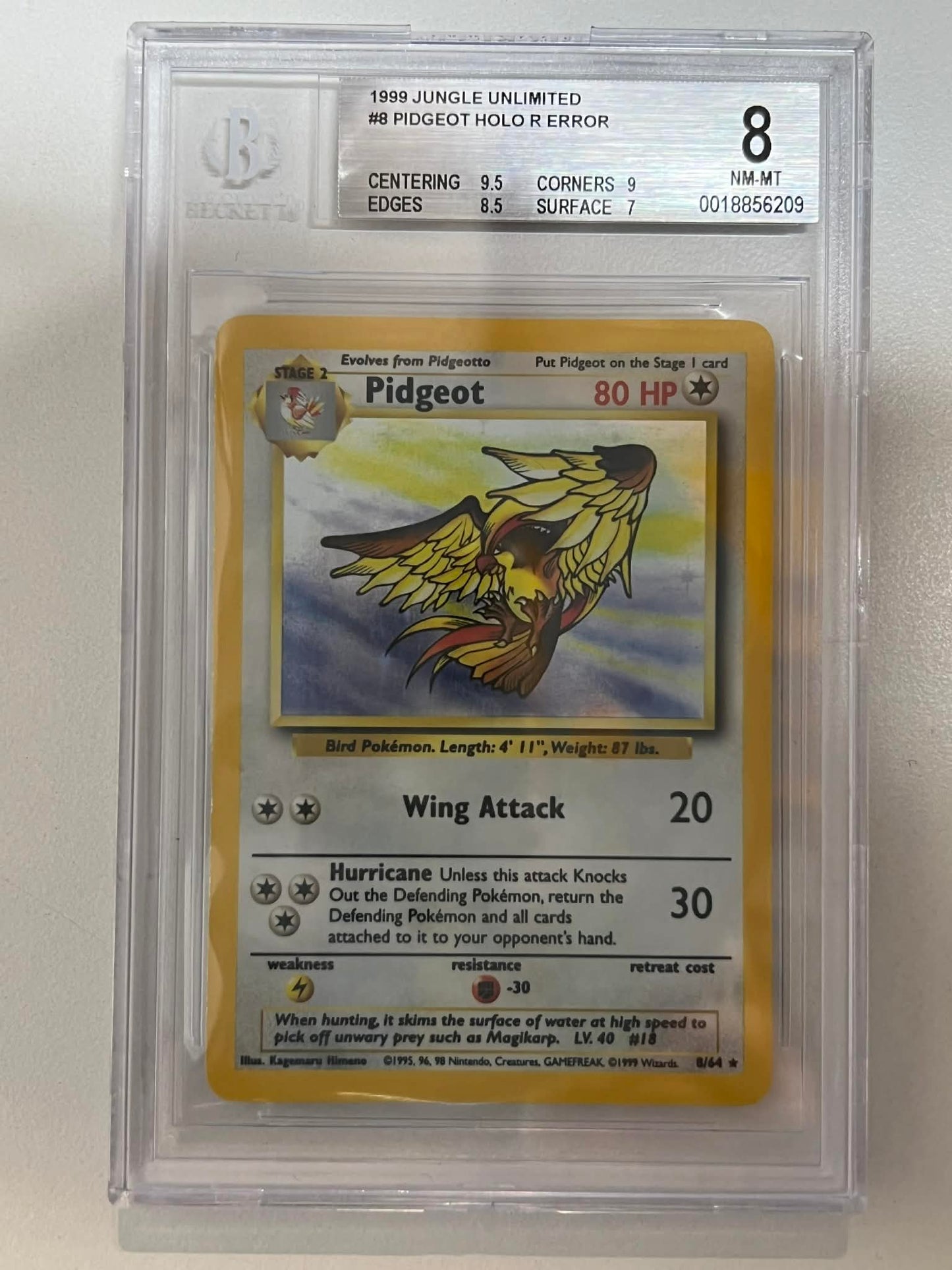 Pidgeot Holo Missing Set Symbol Error BGS 8.0 1999 Pokemon Jungle Unlimited #8