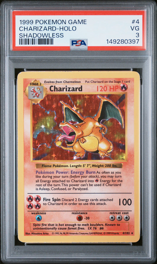 Charizard Holo Shadowless PSA 3 1999 Pokemon Base Set Shadowless #4