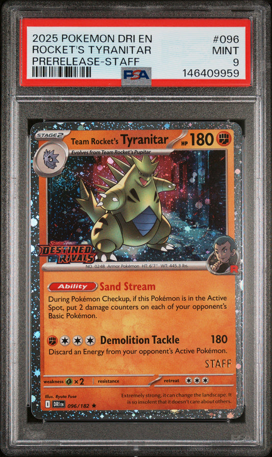Rocket's Tyranitar Prerelease Staff Promo PSA 9 2025 Destined Rivals #096