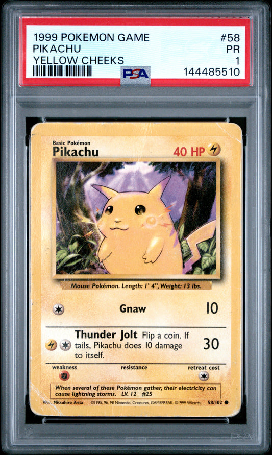 Pikachu Yellow Cheeks PSA 1 1999 Pokemon Base Set #58