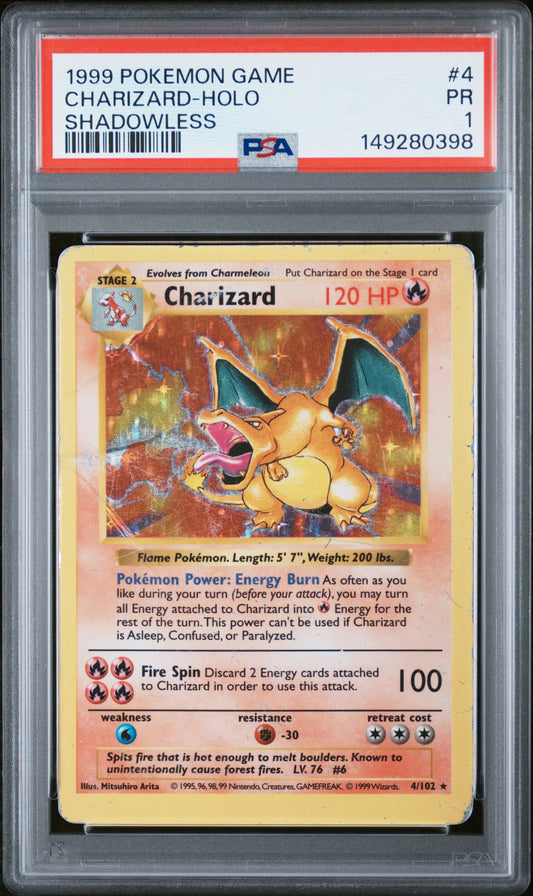 Charizard Holo Shadowless PSA 1 1999 Pokemon Base Set Shadowless #4