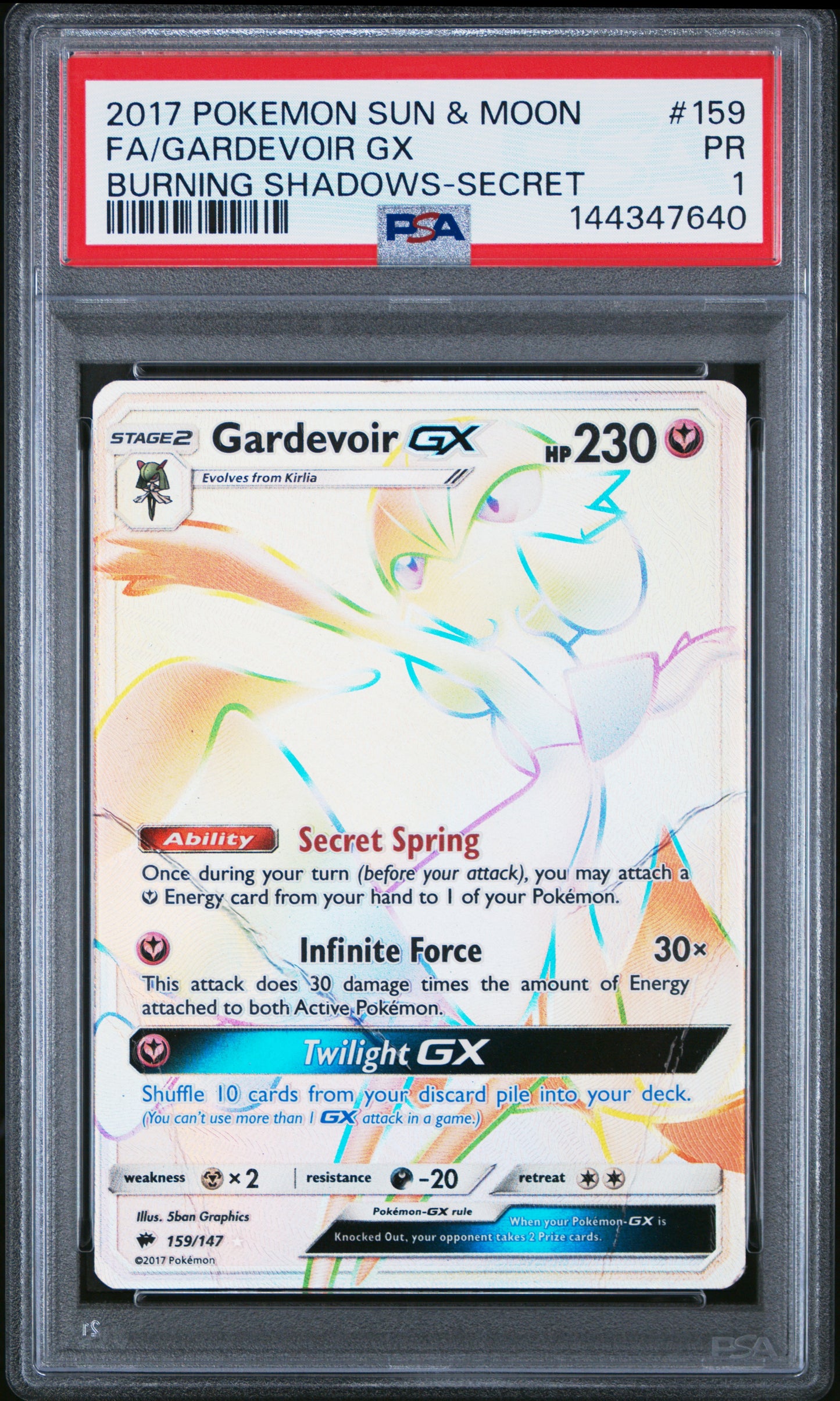 Gardevoir GX Secret PSA 1 2017 Pokemon Sun & Moon Burning Shadows #159 POP 1