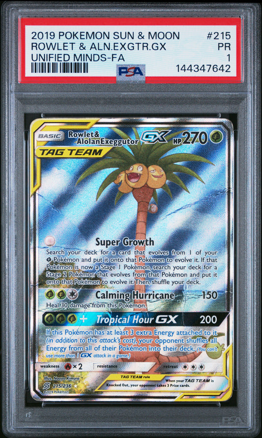 Rowlet & Alolan Exeggutor GX Full Art PSA 1 Pokemon Unified Minds #215 POP 3