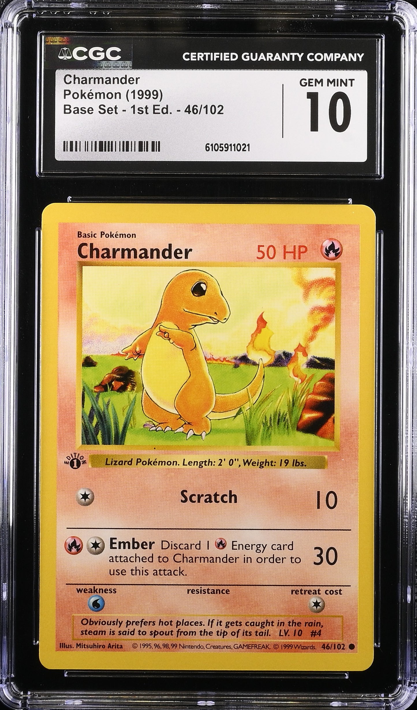Charmander CGC 10 1999 Base Set 1st Edition Shadowless #46/102