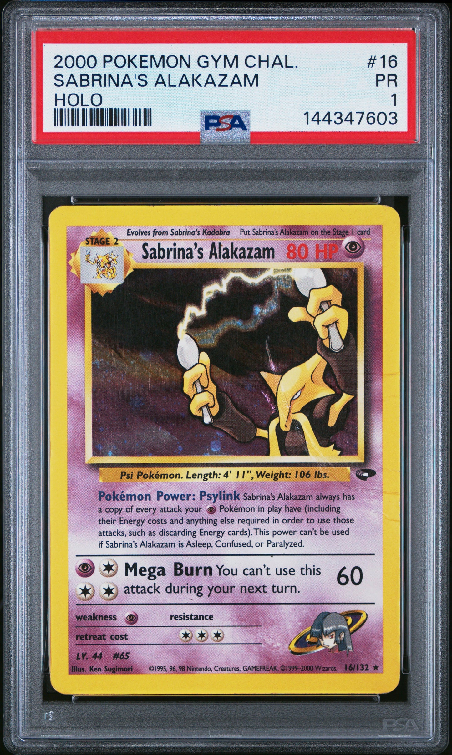 Sabrina's Alakazam Holo PSA 1 2000 Pokemon Gym Challenge #16
