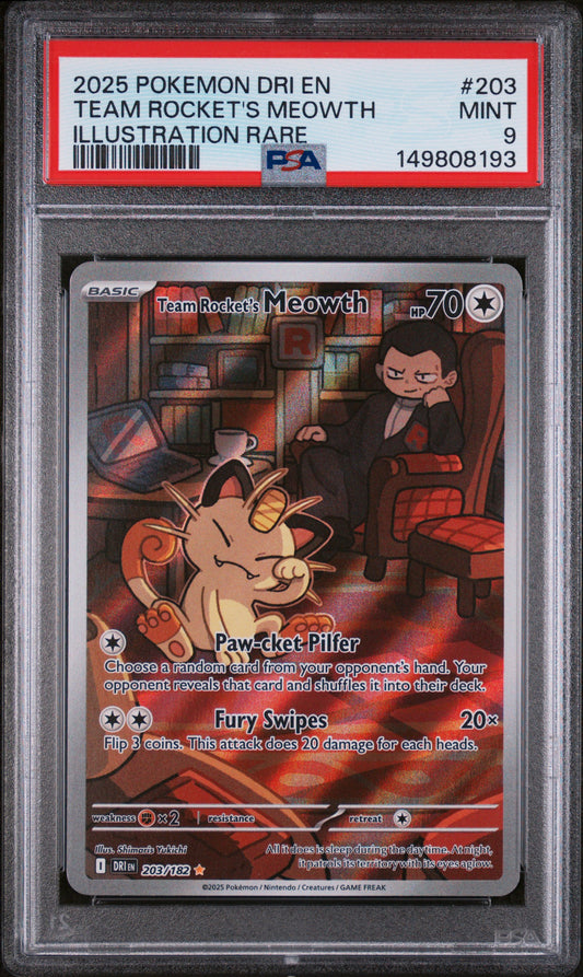 Team Rocket's Meowth Illustration Rare PSA 9 2025 Pokemon Destined Rivals #203