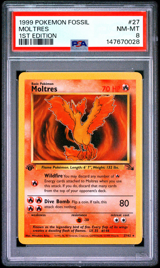 Moltres 1st Edition PSA 8 1999 Pokemon Fossil #27