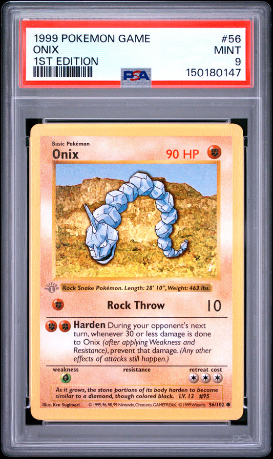 Onix 1st Edition PSA 9 1999 Pokemon Base Set Shadowless #56 GREY STAMP