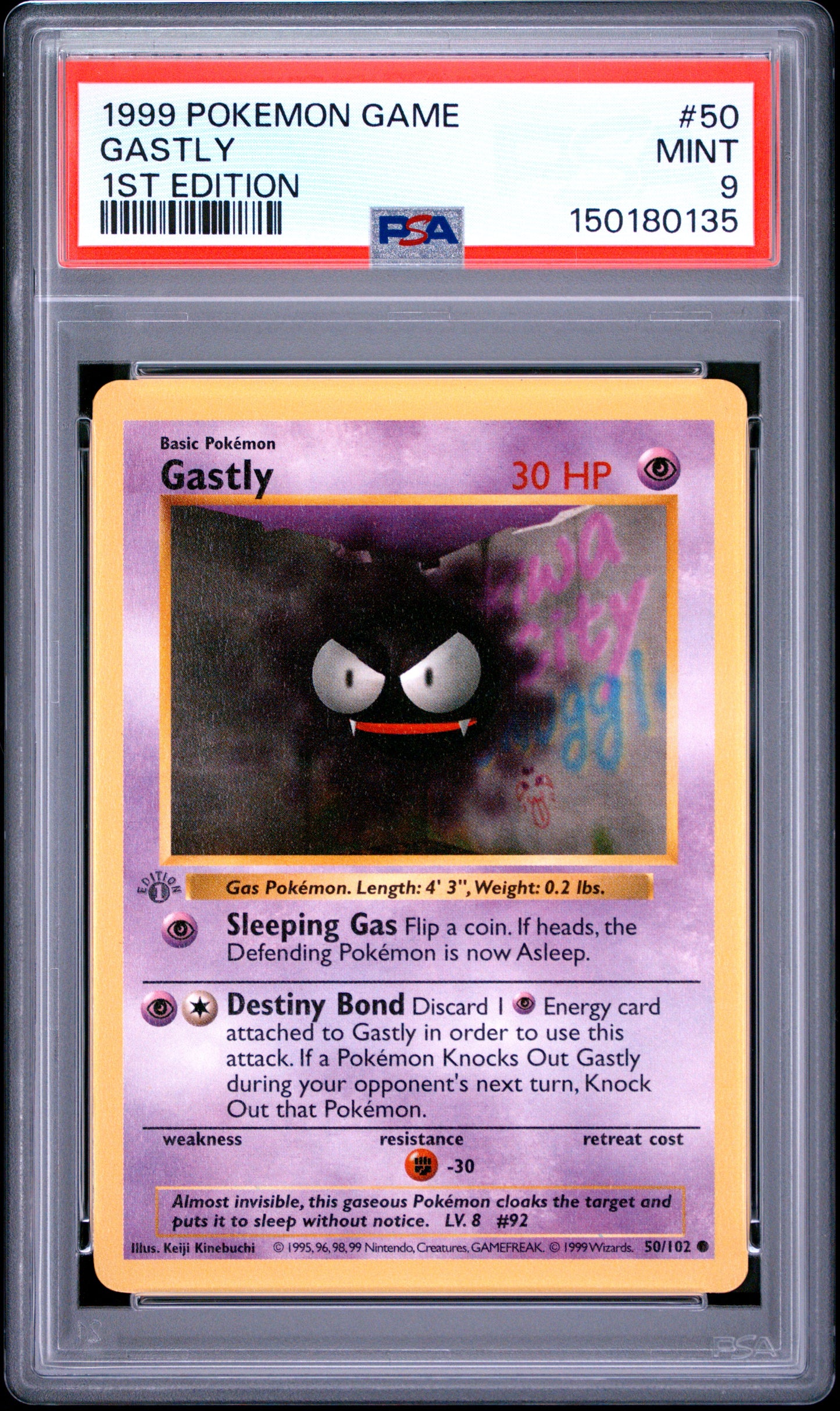 Gastly 1st Edition PSA 9 1999 Pokemon Base Set Shadowless #50 GREY STAMP