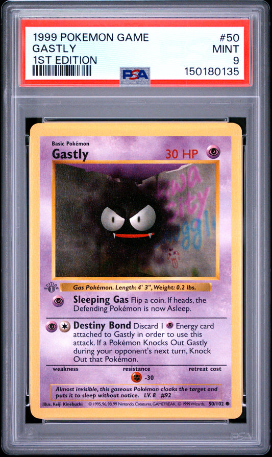 Gastly 1st Edition PSA 9 1999 Pokemon Base Set Shadowless #50 GREY STAMP