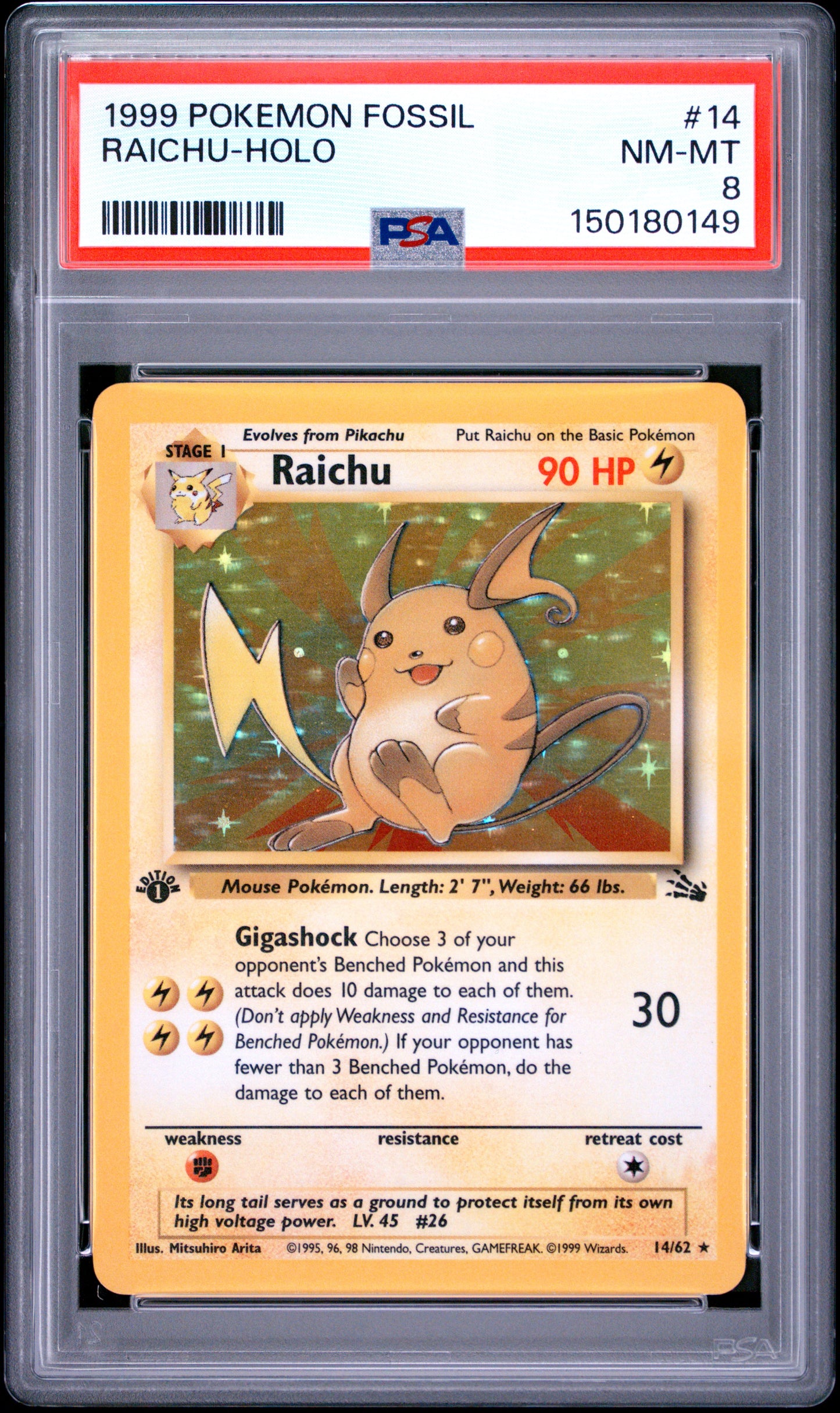 Raichu Holo 1st Ed PSA 8 1999 Pokemon Fossil #14