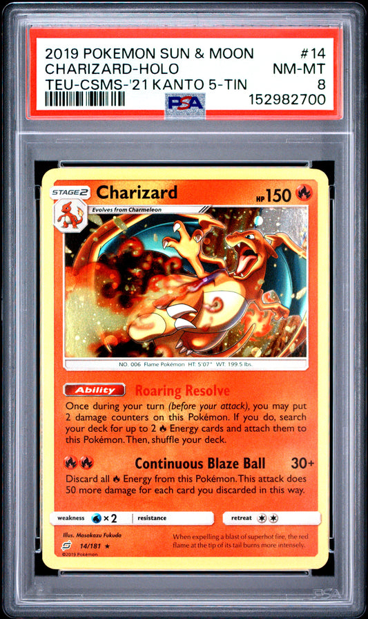 Charizard Holo PSA 8 2019 Pokemon Sun & Moon Team Up #14 21 Kanto 5 Tin