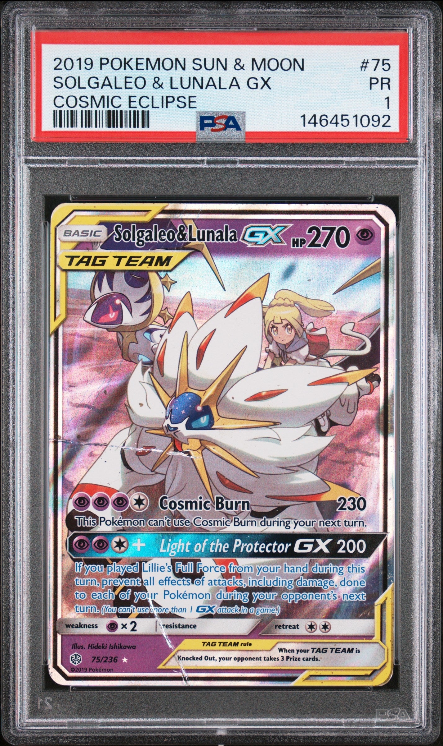 Solgaleo & Lunala GX PSA 1 2019 Pokemon Sun & Moon Cosmic Eclipse #75 POP 1