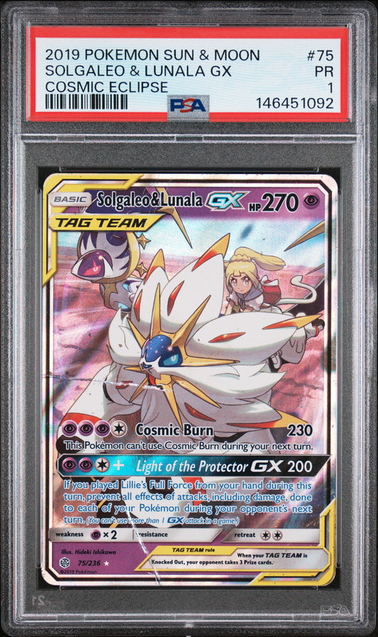 Solgaleo & Lunala GX PSA 1 2019 Pokemon Sun & Moon Cosmic Eclipse #75 POP 1