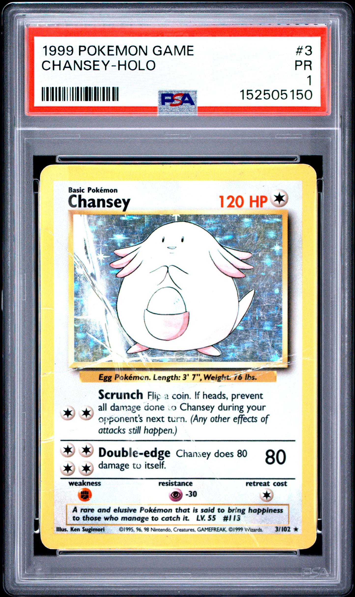 Chansey Holo PSA 1 1999 Pokemon Base Set #3