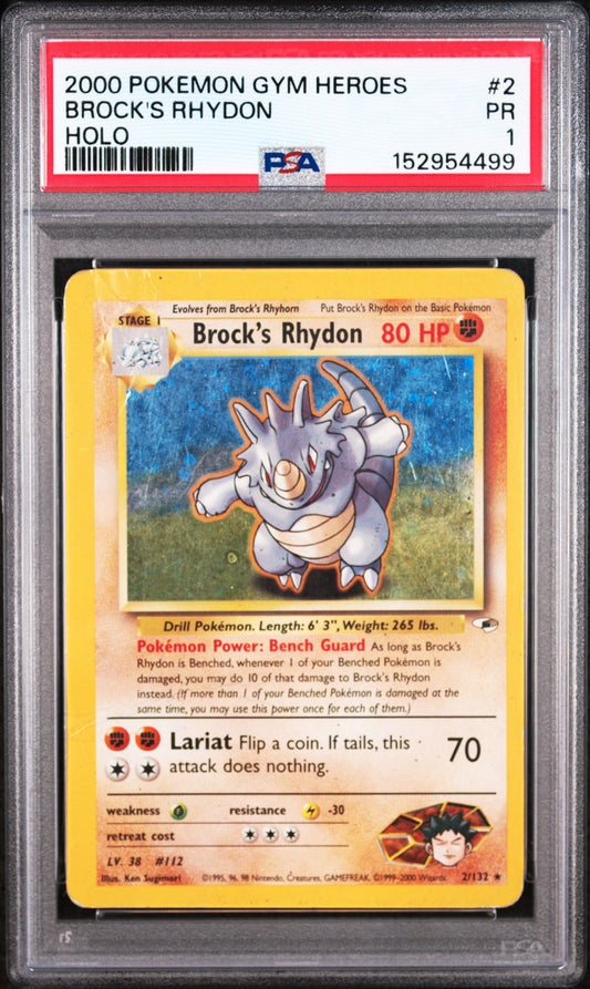 Brock's Rhydon Holo PSA 1 2000 Pokemon Gym Heroes #2 LOW POP