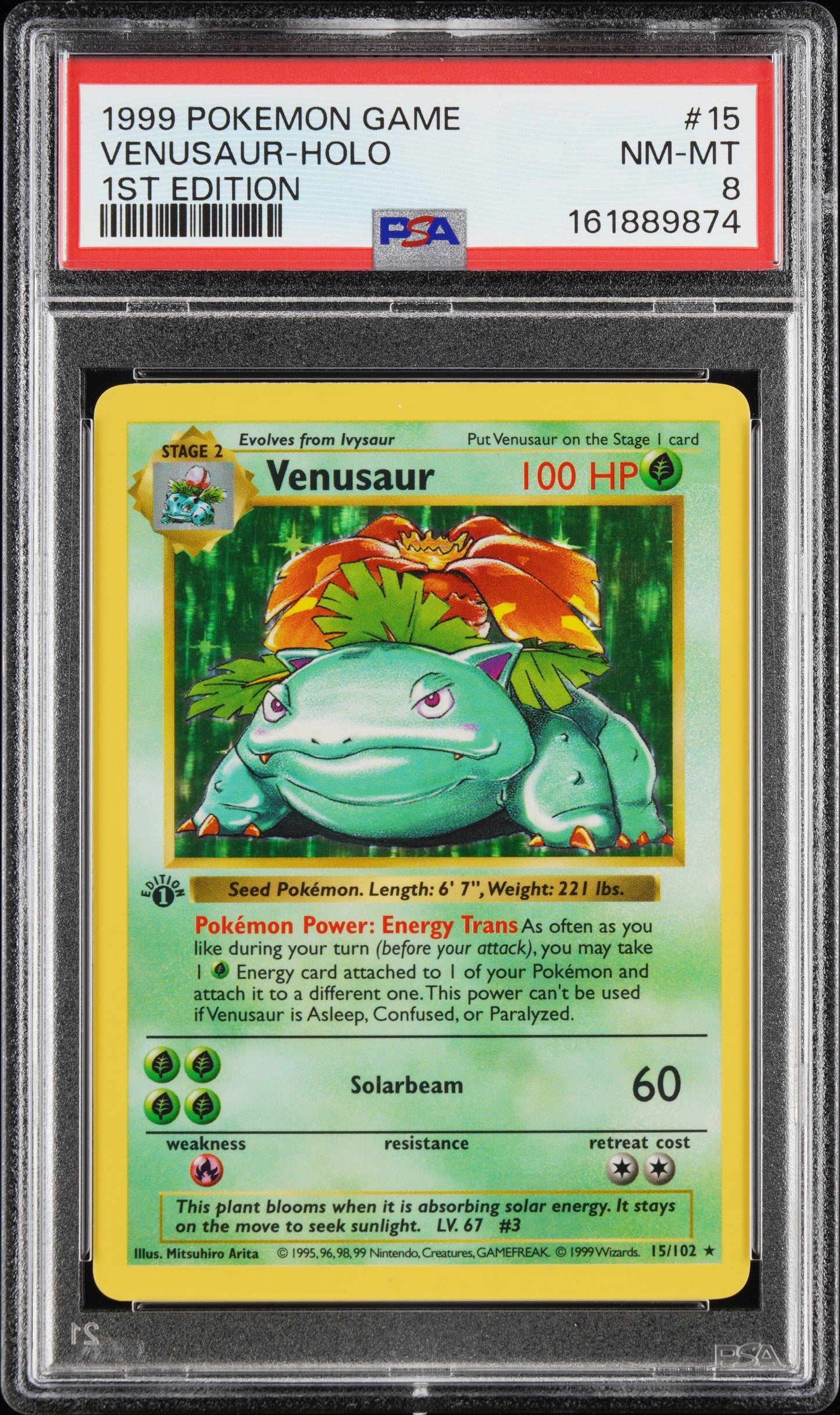 Venusaur Holo 1st Edition Shadowless PSA 8 1999 Pokemon Base Set Shadowless #15