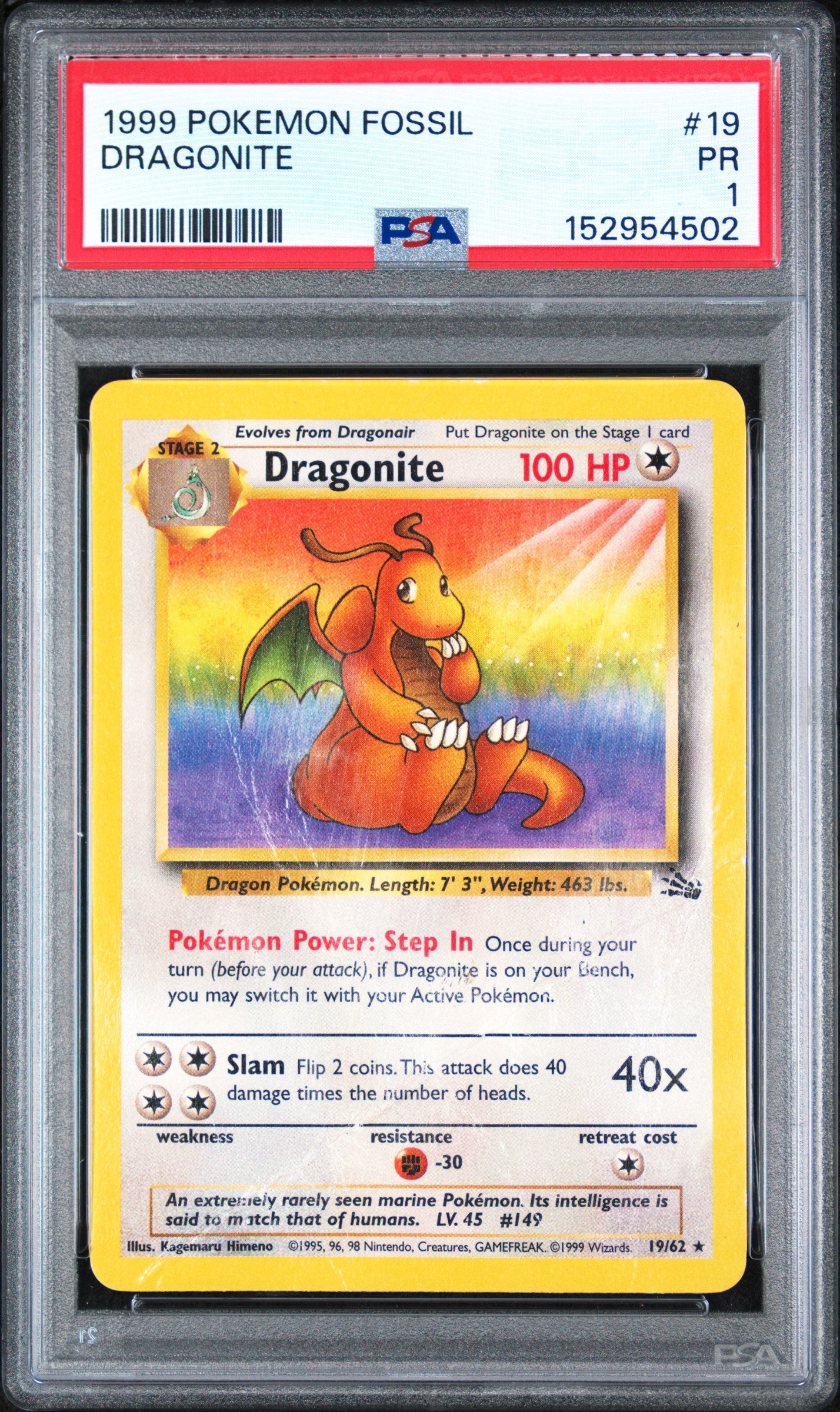 Dragonite PSA 1 1999 Pokemon Fossil #19 LOW POP