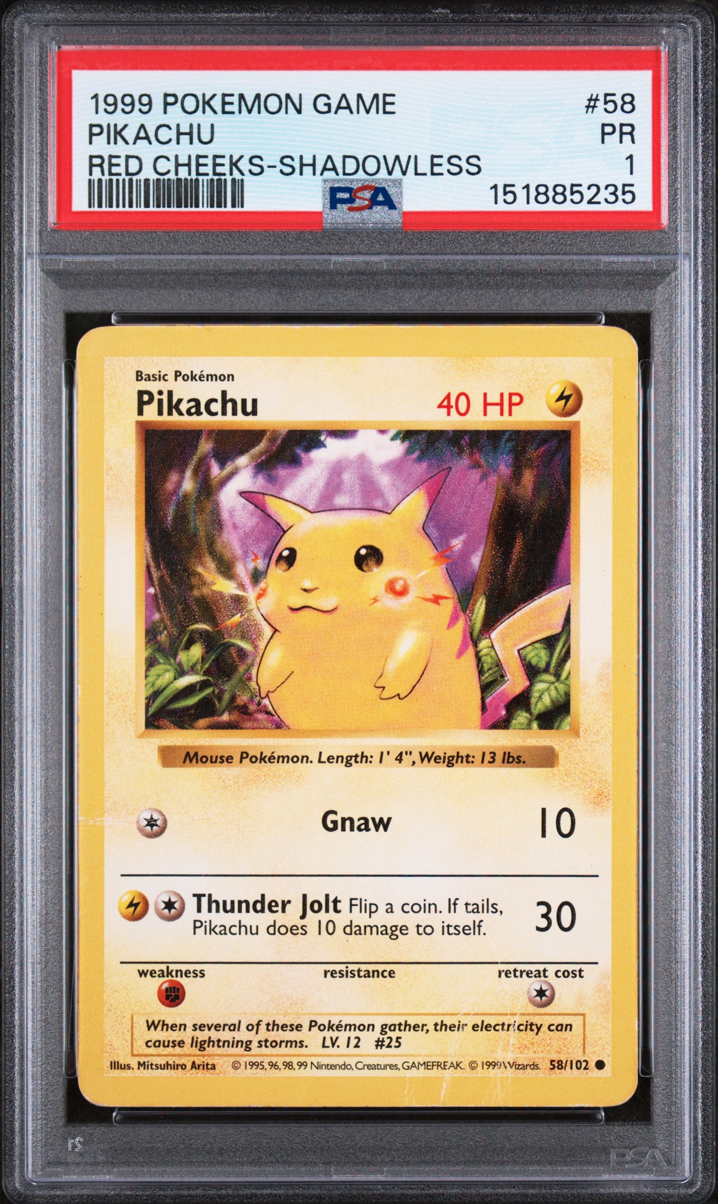 Pikachu Red Cheeks Shadowless PSA 1 1999 Pokemon Base Set Shadowless #58