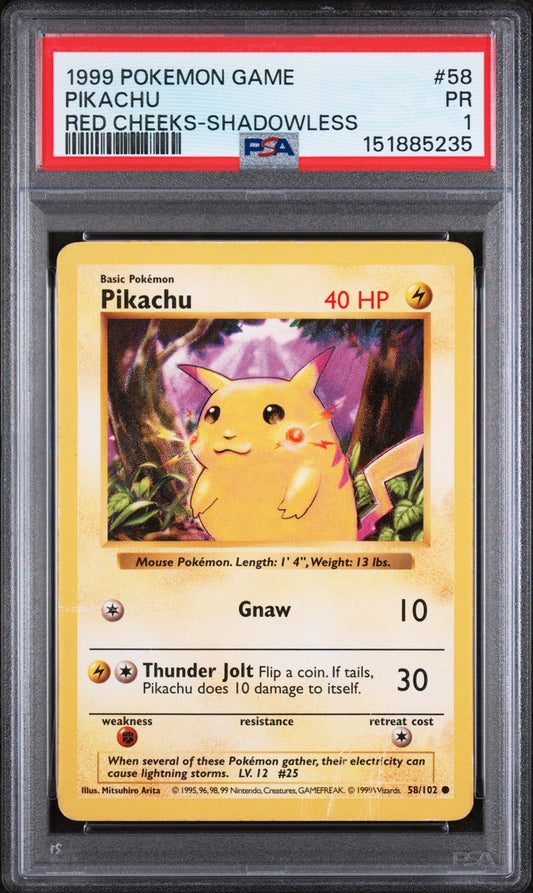 Pikachu Red Cheeks Shadowless PSA 1 1999 Pokemon Base Set Shadowless #58