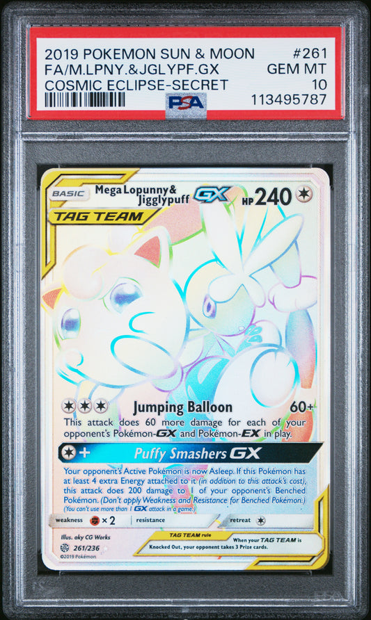 Mega Lopunny & Jigglypuff GX PSA 10 2019 Sun & Moon Cosmic Eclipse Secret #261