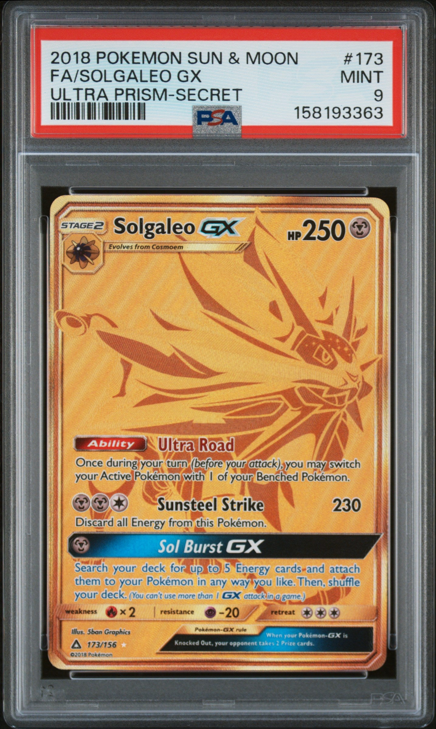 Solgaleo GX PSA 9 2018 Sun & Moon Ultra Prism Secret #173