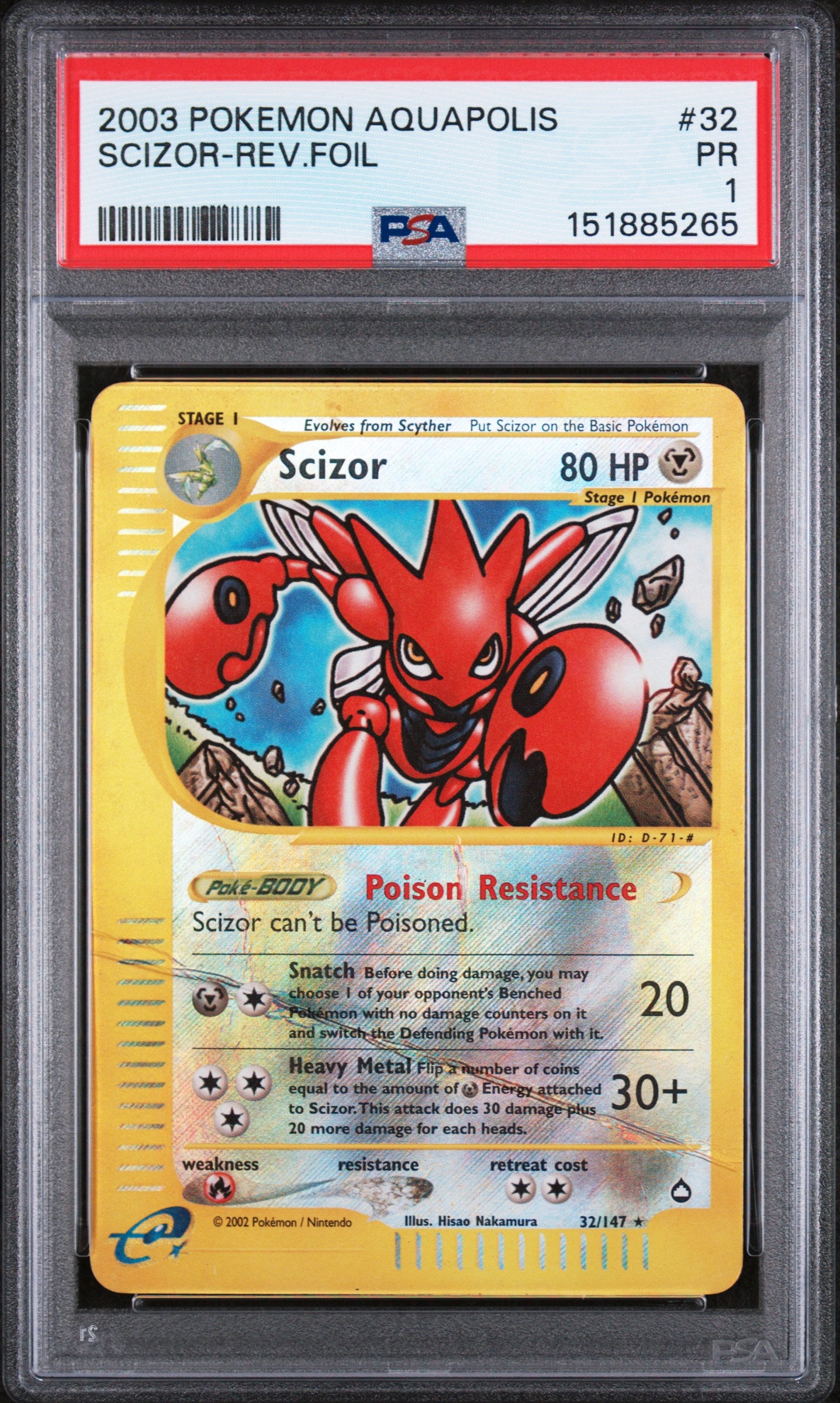 Scizor Reverse Holo PSA 1 2003 Aquapolis #32 POP 1