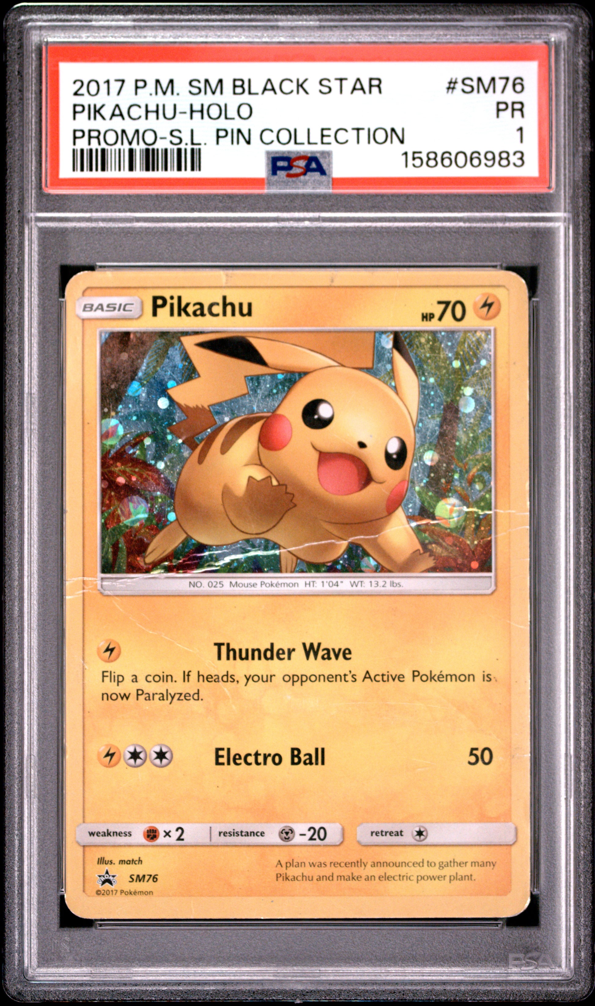 Pikachu Holo PSA 1 2017 SM Pin Collection Black Star Promo #SM76 POP 2