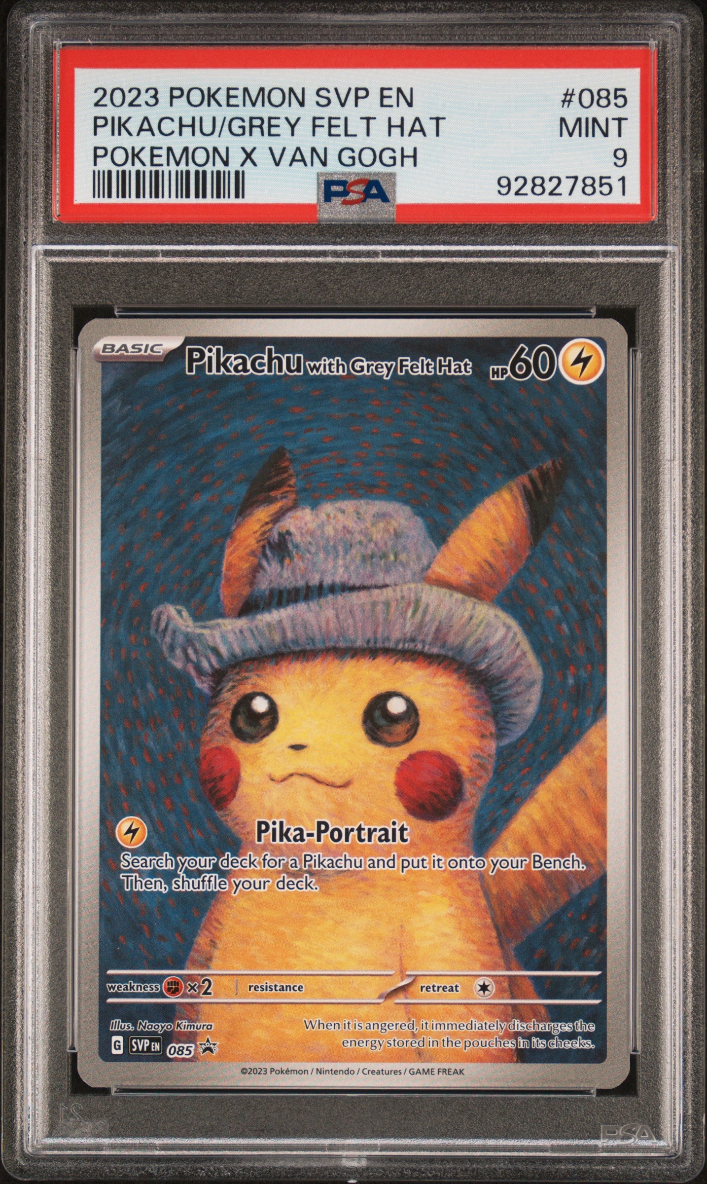 Pikachu Grey Felt Hat Pokemon x Van Gogh PSA 9 2023 Svp En Black Star Promo #085