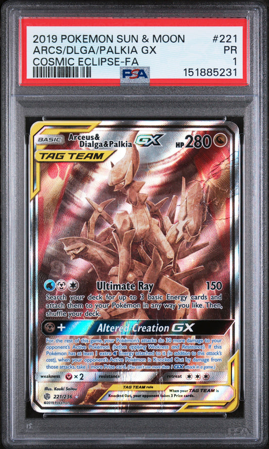 Arceus & Dialga & Palkia GX PSA 1 Cosmic Eclipse #221 POP 16