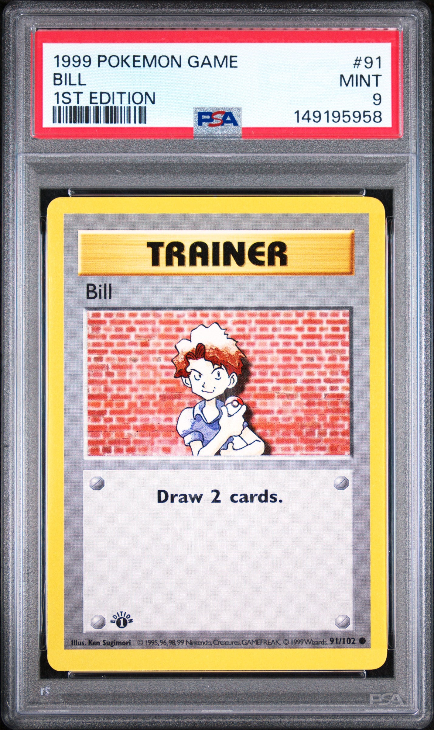 Bill 1st Edition PSA 9 1999 Pokemon Base Set Shaowless #91
