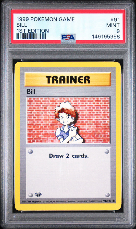 Bill 1st Edition PSA 9 1999 Pokemon Base Set Shaowless #91