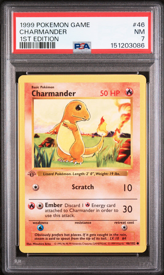 Charmander 1st Edition PSA 7 1999 Pokemon Base Set Shadowless #46 GREY STAMP!
