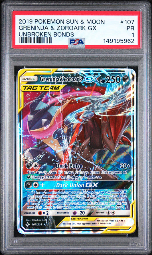 Greninja & Zoroark GX PSA 1 2019 Pokemon SM Unbroken Bonds #107 POP 6