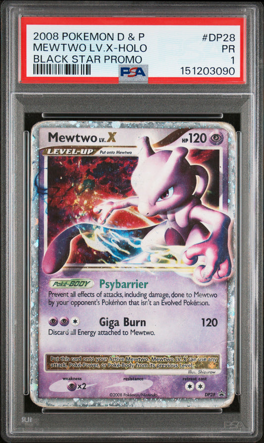 Mewtwo Lv X Holo PSA 1 2008 Pokemon Diamond & Pearl Black Star Promo #DP28
