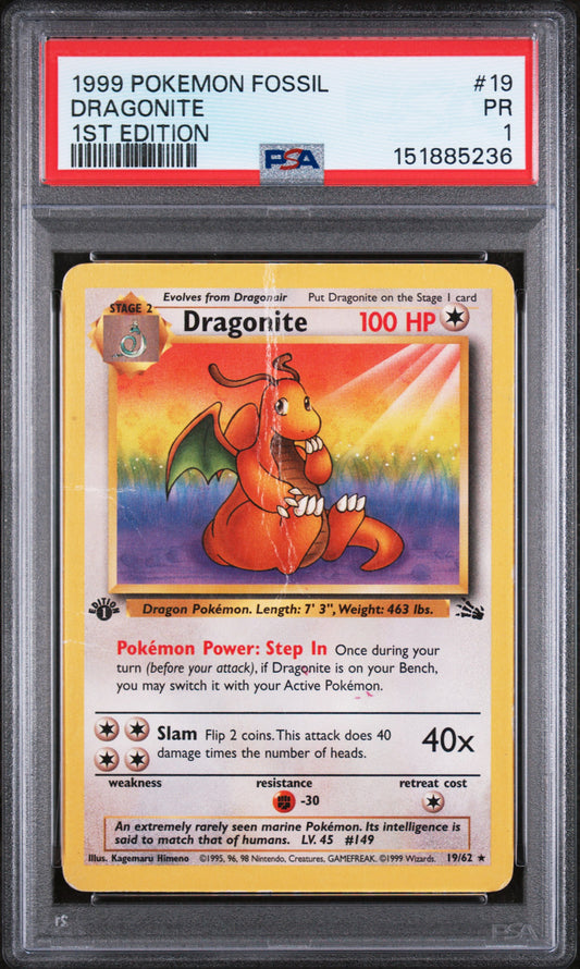 Dragonite 1st Edition PSA 1 1999 Pokemon Fossil #19 LOW POP