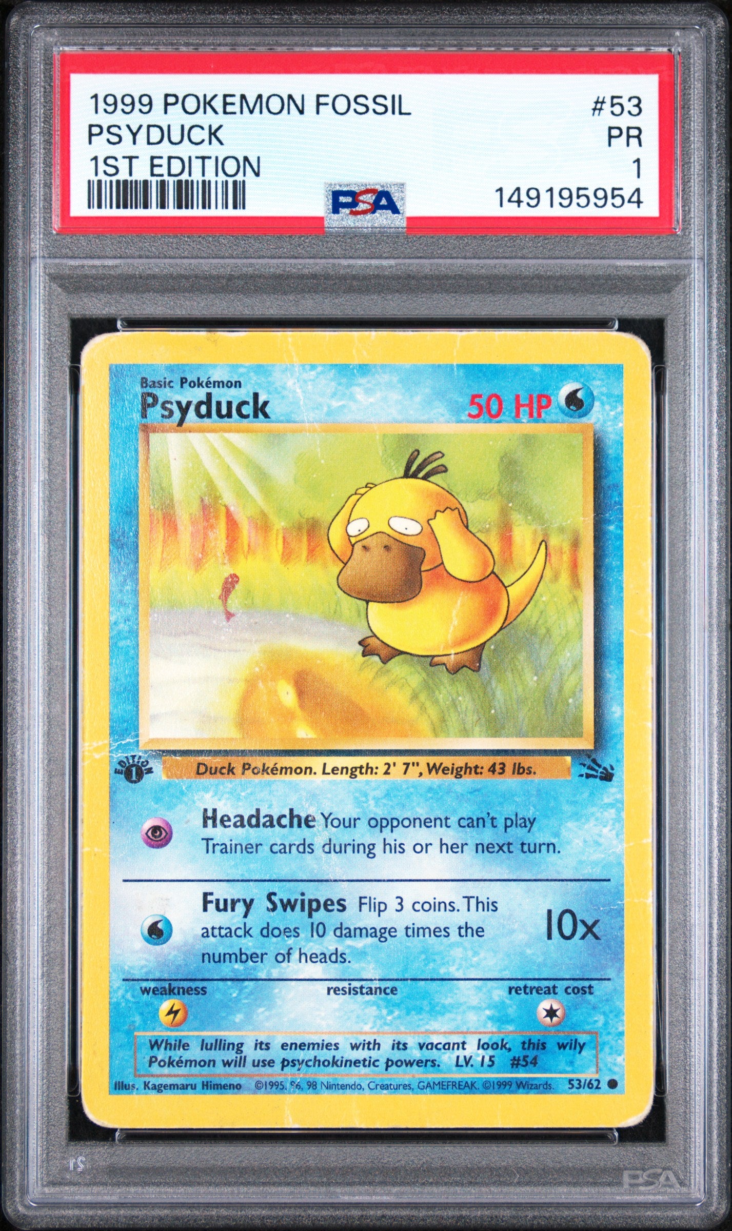 Psyduck 1st Edition PSA 1 1999 Pokemon Fossil #53 LOW POP