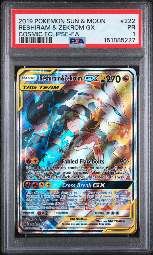 Reshiram & Zekrom GX PSA 1 2019 Pokemon Sun & Moon Cosmic Eclipse #222 POP 12