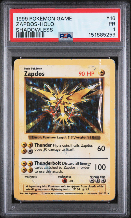 Zapdos Holo Shadowless PSA 1 1999 Pokemon Base Set Shadowless #16