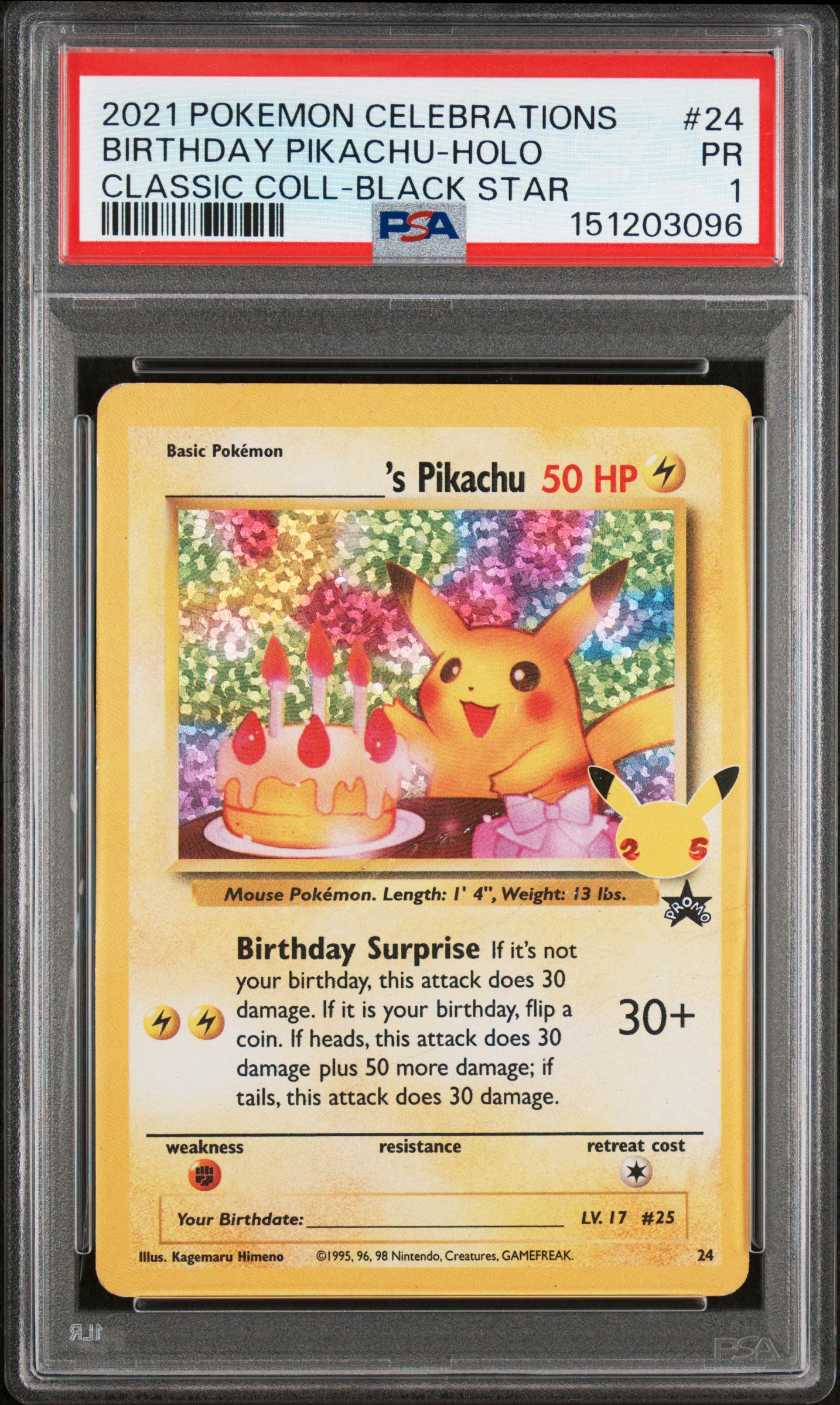 Birthday Pikachu Holo PSA 1 2021 Celebrations Classic Collection #24 POP 6