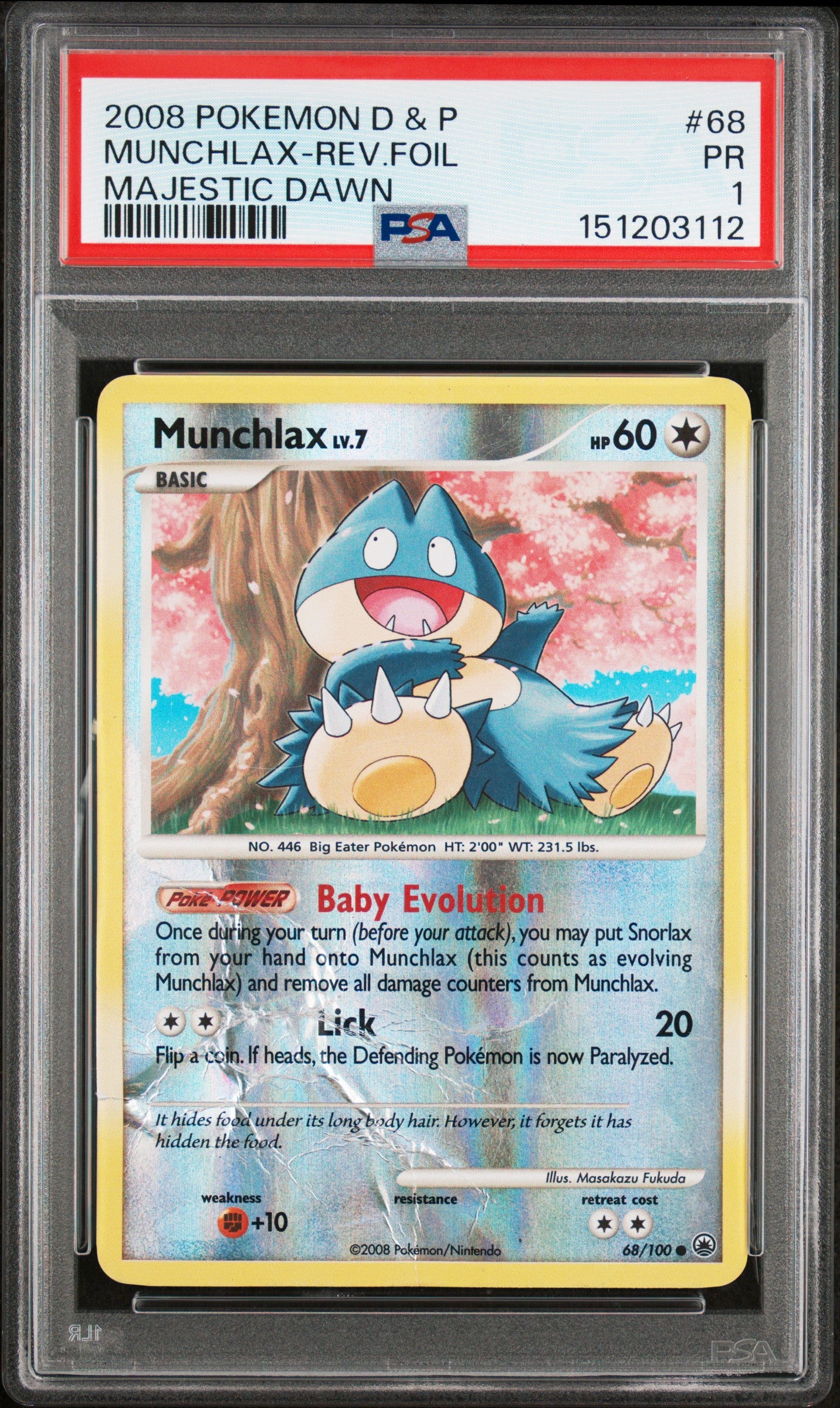 Munchlax Reverse Holo PSA 1 Diamond & Pearl Majestic Dawn #68 POP 1