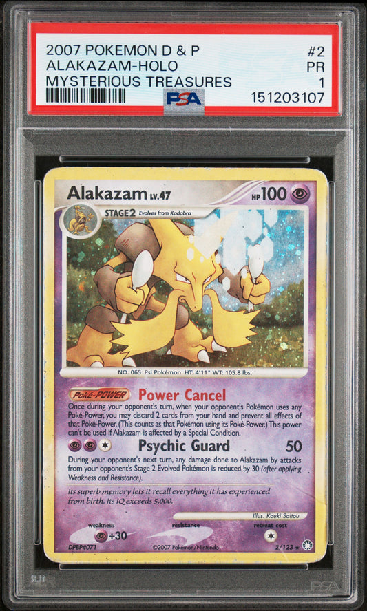 Alakazam Holo PSA 1 2007 Diamond & Pearl Mysterious Treasures #2 POP 8