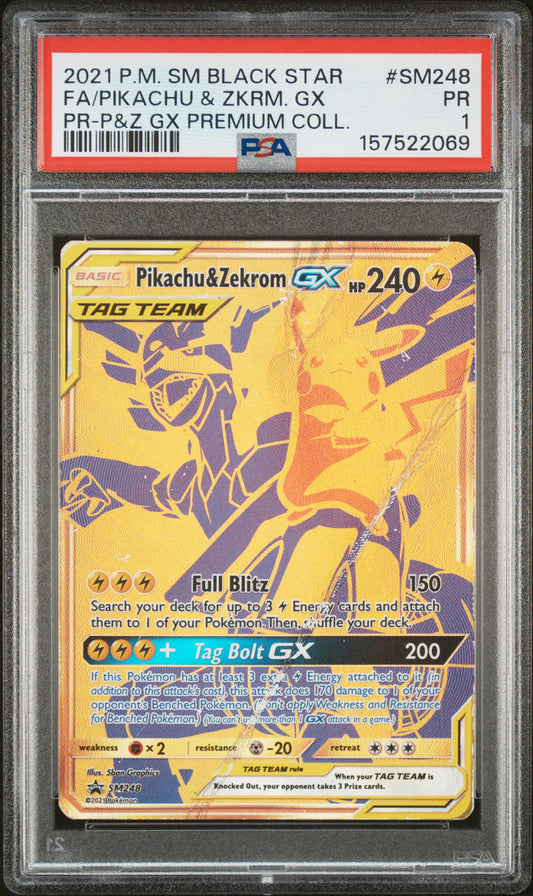 Fa Pikachu & Zkrm Gx Premium Coll PSA 1 2021 Sm Black Star Promo #SM248 POP 9