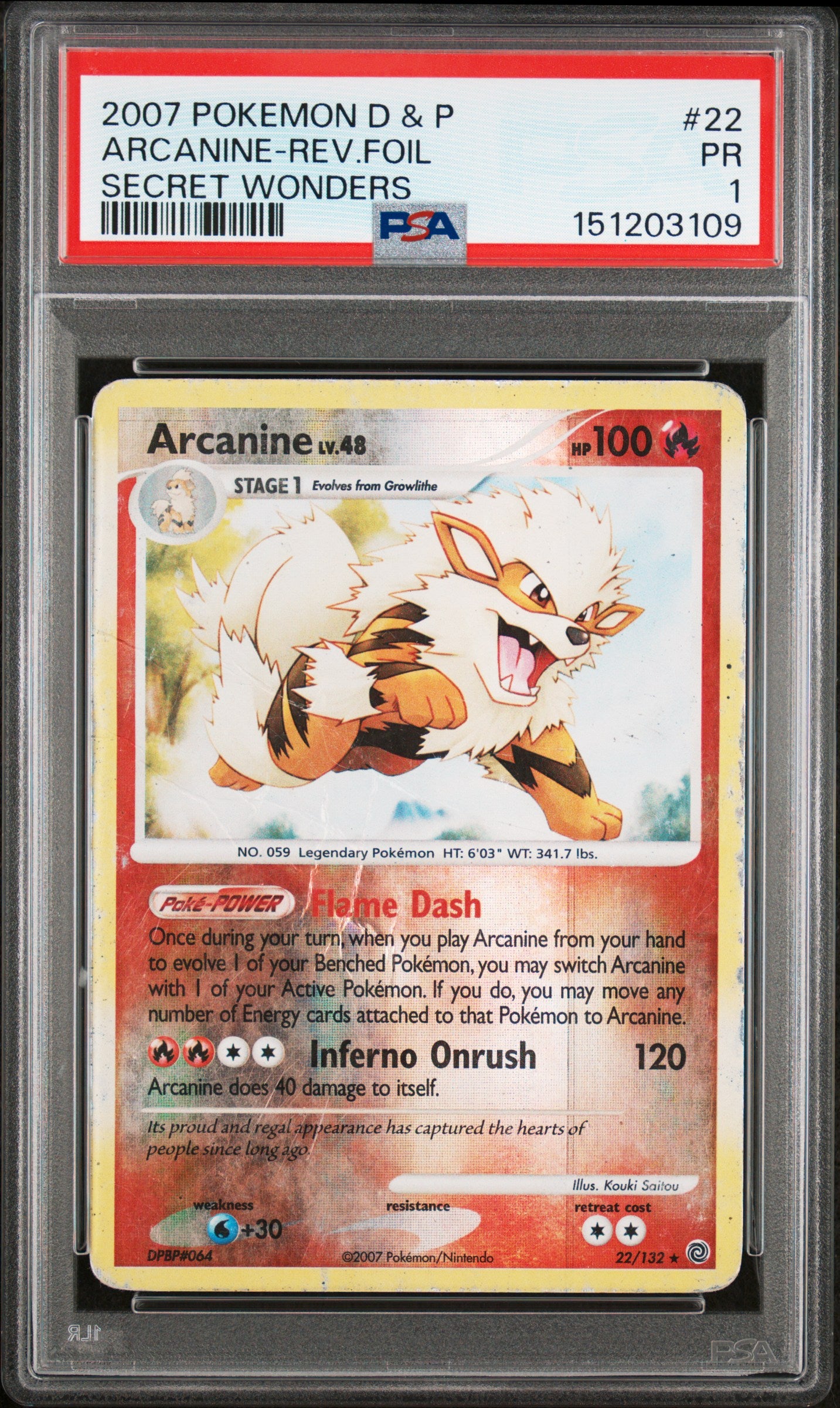 Arcanine Reverse Holo PSA 1 2007 Diamond & Pearl Secret Wonders #22 POP 1