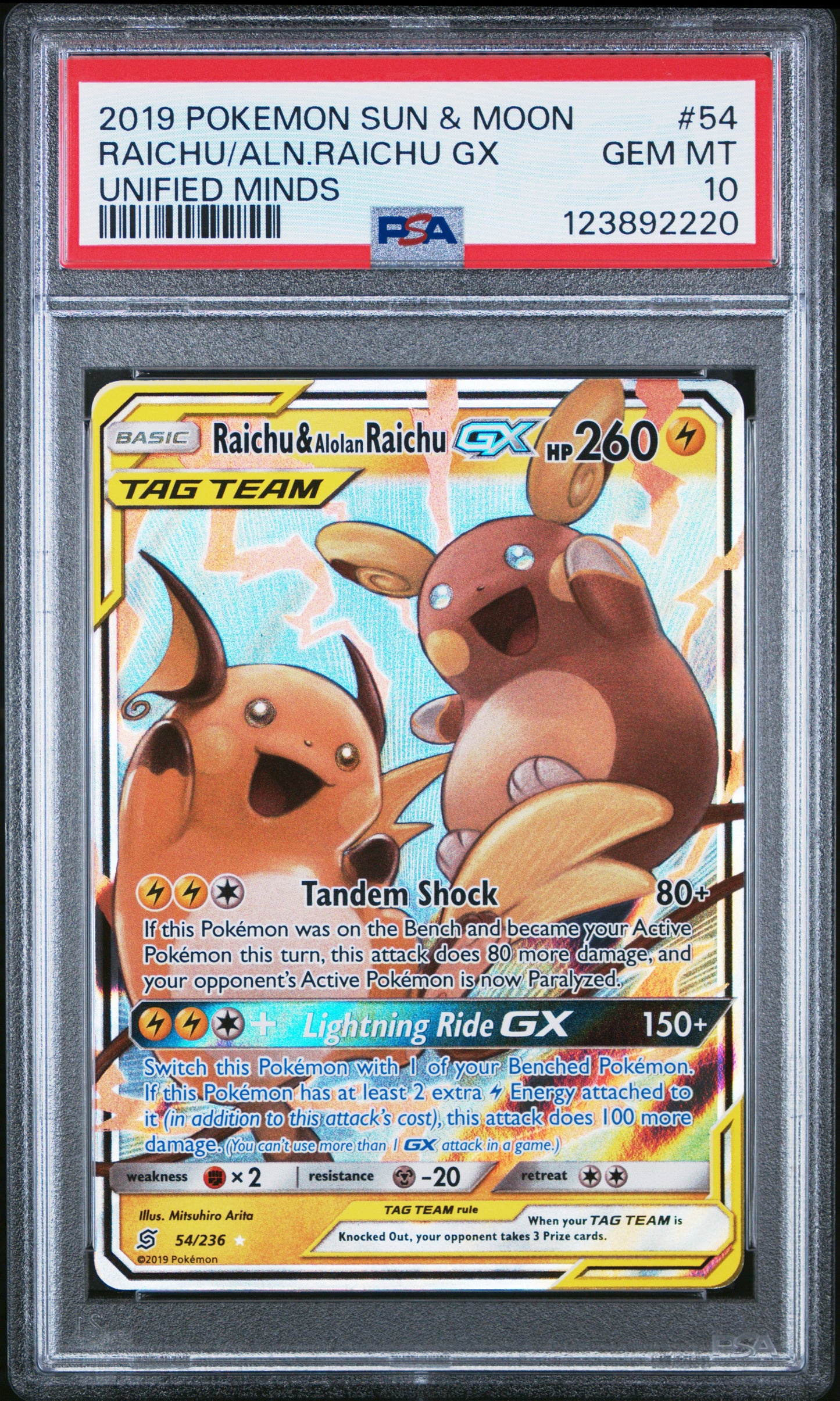 Raichu & Alolan Raichu PSA 10 2019 Pokemon Sun & Moon Unified Minds #54