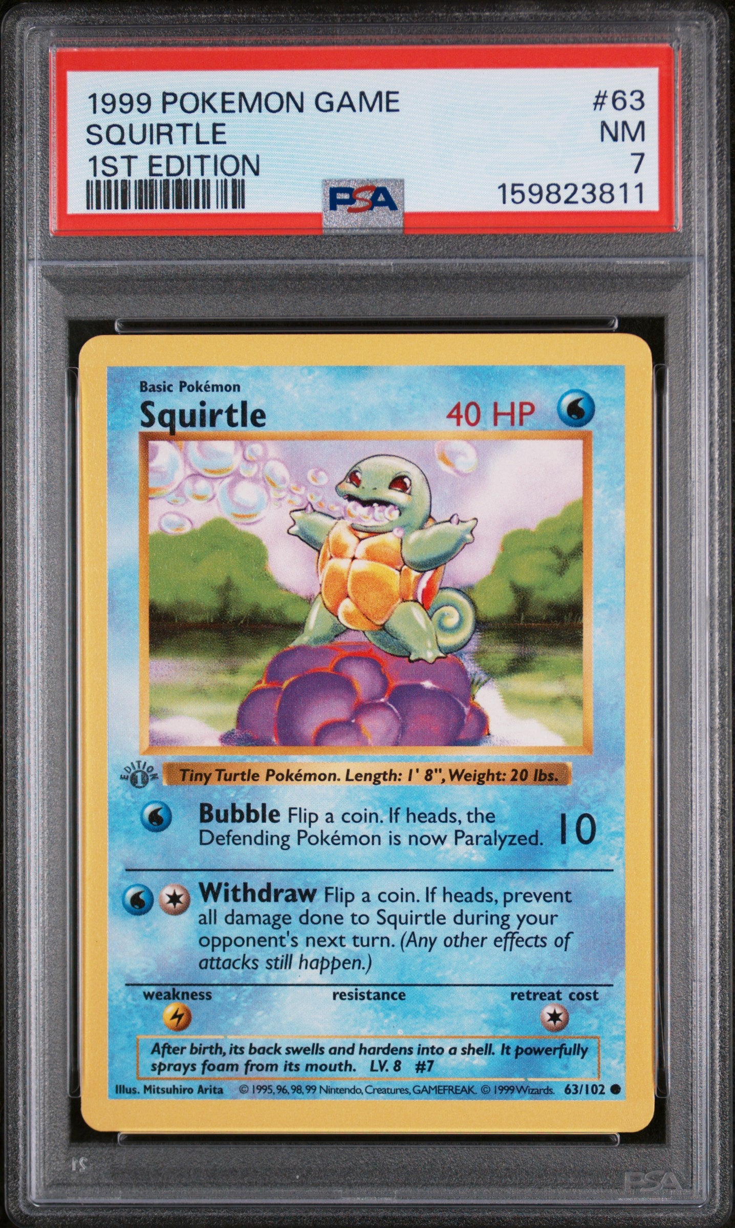 Squirtle 1st Edition PSA 7 1999 Pokemon Base Set Shadowless #63 GREY STAMP