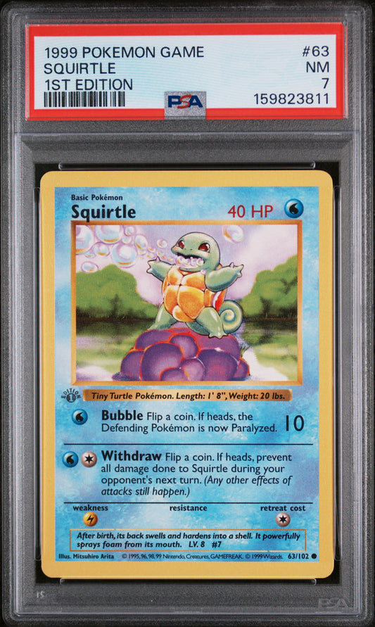 Squirtle 1st Edition PSA 7 1999 Pokemon Base Set Shadowless #63 GREY STAMP