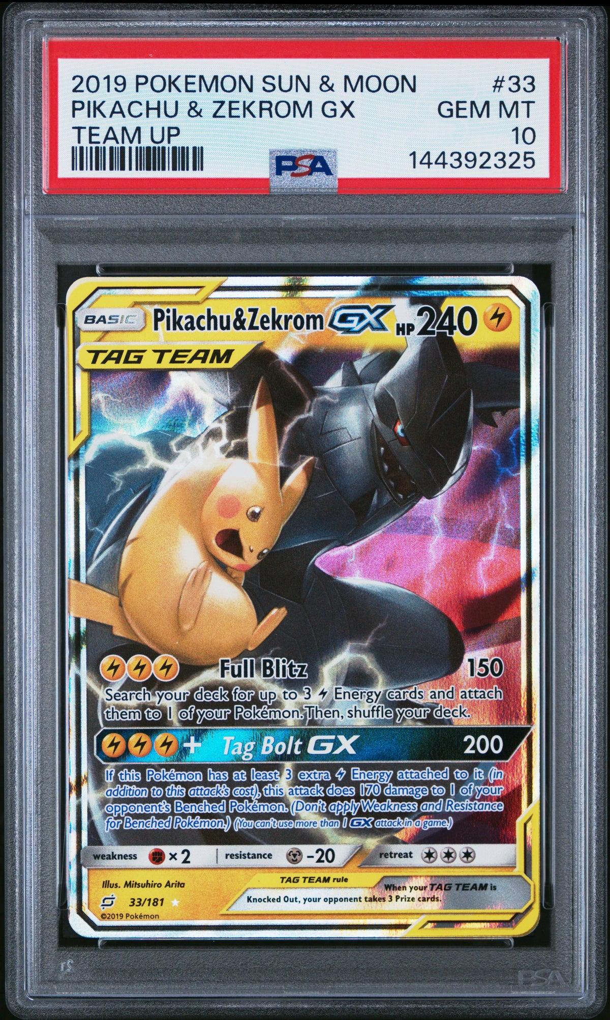 Pikachu & Zekrom GX PSA 10 2019 Pokemon Sun & Moon Team Up #33